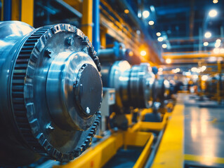 Fototapeta premium Industrial machinery operating in factory setting, showcasing intricate components and machinery under bright lights. scene conveys sense of efficiency and modern technology