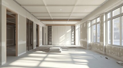 Unfinished Room with Large Windows and Exposed Ceiling Beams