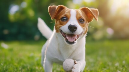 A small dog running with a ball in its mouth, AI