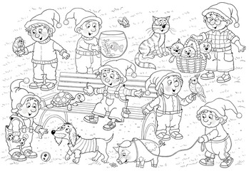 Seven cute and funny gnomes with their favorite pets. Cat, kittens, dog, piglet, tortoise, parrot and fish. Illustration for children. Poster. Character design. Cute and funny cartoon characters