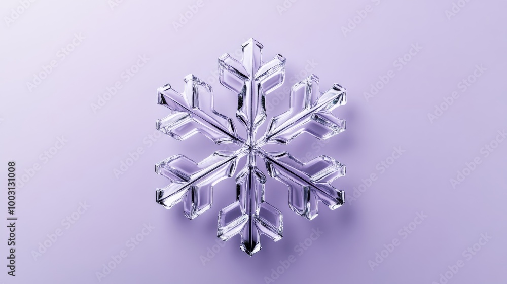 Poster transparent snowflake with sharp, angular geometry, isolated on a pale purple and silver gradient ba