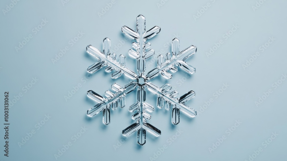 Poster ultra-clear snowflake with sharp diamond-like branches, isolated on a cold, faded blue-gray backgrou