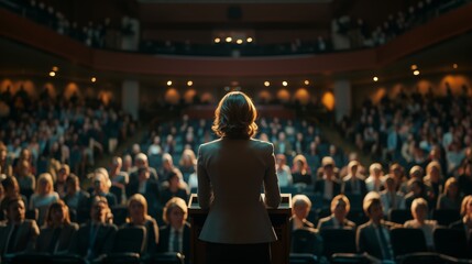 Rear View of Female Speaker Addressing Large Audience in a Packed Auditorium During Conference