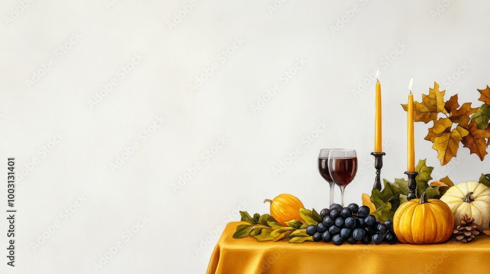 Aufkleber watercolor elegant thanksgiving table setting with a golden tablecloth candlelit centerpieces and ru