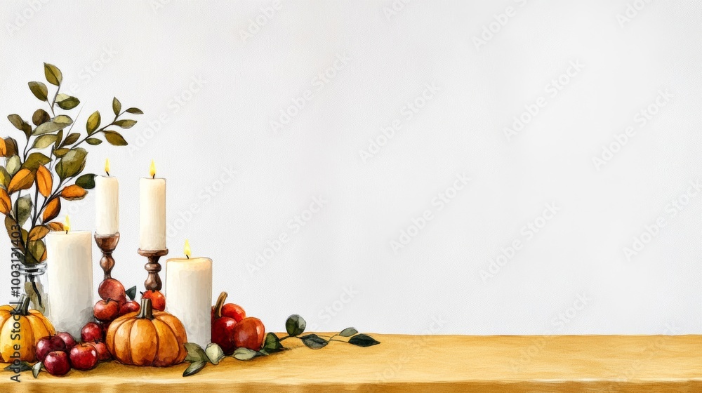 Poster watercolor elegant thanksgiving table setting with a golden tablecloth candlelit centerpieces and ru
