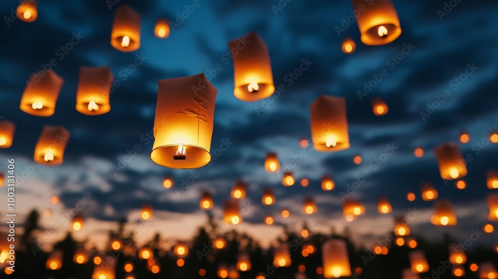 Poster wide view of thousands of lanterns rising into the sky during the yi peng festival with temples and 
