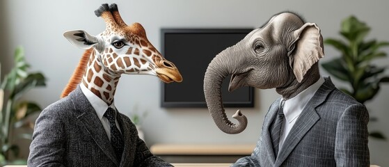 Obraz premium Innovative Collaboration: Giraffe and Elephant in Tech Talks at Futuristic Office - Watercolor Illustration with Copy Space