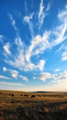 Obraz premium Spotted Cows Grazing in the Vast Field under the Blue Sky with Clouds, Standard Background, Wallpaper, Cover and Screen for Smartphone, PC, Laptop, 9:16 and 16:9 Format