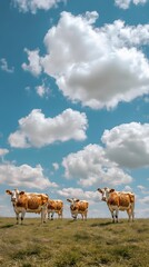 Obraz premium Spotted Cows Grazing in the Vast Field under the Blue Sky with Clouds, Standard Background, Wallpaper, Cover and Screen for Smartphone, PC, Laptop, 9:16 and 16:9 Format