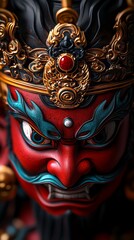 Fototapeta premium A colorful, intricately designed deity mask featuring fierce expression and ornate decorations