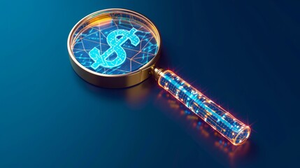 Financial Analysis and Investigation Concept, digital magnifying glass with glowing dollar symbol, financial scrutiny, market research, investment strategies, wealth management.