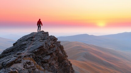 A climber reaching the summit of a rugged cliff at sunrise, symbolizing success after hardship