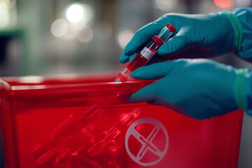 Hands in gloves discarding syringes into red biohazard bin