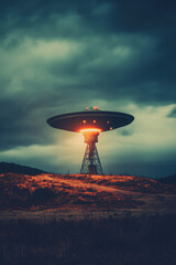 A mysterious flying saucer hovers over a barren landscape with a dramatic, cloudy sky, emitting glowing lights, creating an eerie atmosphere.