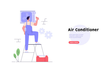 Engineer repairing air conditioner. Call master fixing air conditioning system. Technicians check the split system. Concept of air conditioning service, AC master, AC cleaning. Vector illustration