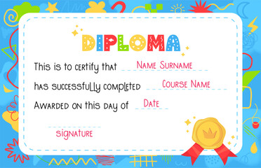 Blue Kindergarten kids diploma template with wax seal imitation. Boy congratulation blank. Stock vector illustration in flat style.