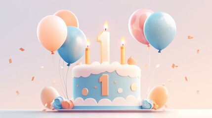 number 1 candle on a first year birthday cake celebration with balloons and party decoration as banner