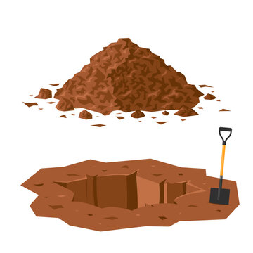 Ground pit with a shovel. Cartoon hole in a soil and a dirt heap near it. Vector illustration isolated on a white background. Clipart for construction, agricultural, environmental designs.