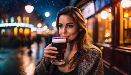 beautiful young woman drinking beer in the rain, AI generated