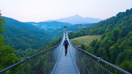 Obraz premium A hiker crossing a suspension bridge high above a valley, with distant mountains ahead, symbolizing moving forward despite challenges