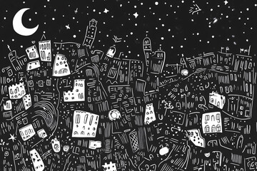 Obraz premium A black and white whimsical cityscape under a crescent moon and starry sky, featuring hand-drawn buildings and imaginative patterns in a night setting 