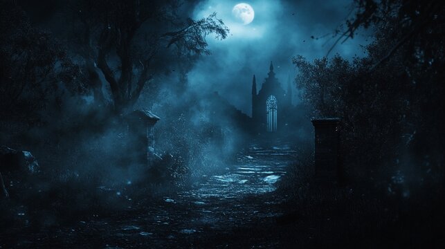 Spooky moonlit pathway in a misty forest, leading to an abandoned building, perfect for horror-themed visuals, Halloween promotions, and atmospheric storytelling