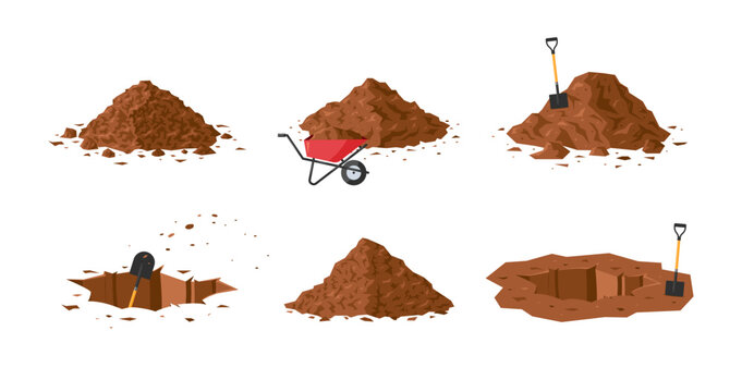 Dirt piles. Set of brown geometric soil heaps in flat style. Vector illustration isolated on a white background. Ground clipart for construction, agricultural, environmental designs.