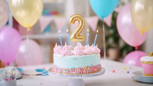 number 2 candle on a second year birthday cake celebration with balloons and party decoration as banner