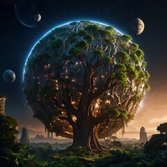planet with colossal ancient trees suspende Generative AI