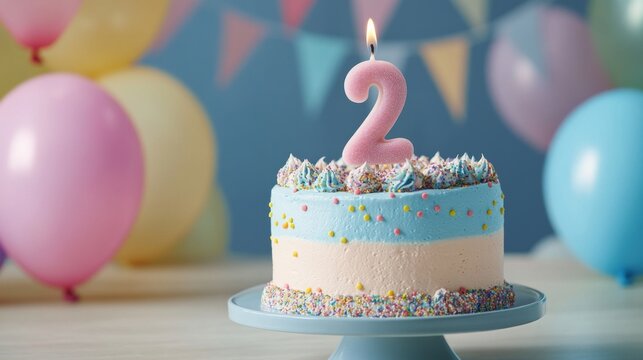 number 2 candle on a second year birthday cake celebration with balloons and party decoration as banner