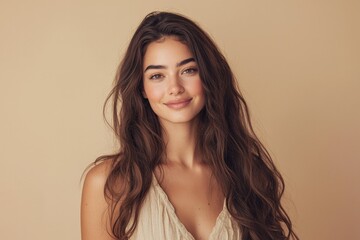 Elegant 30s Latina woman with long wavy hair, wearing a fashionable dress, smiling subtly. Portrait on solid beige background. Ideal for fashion brands, beauty products, lifestyle magazines.