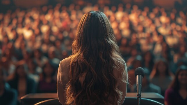Woman Delivering Speech to Large Audience in Auditorium from Podium - Powered by Adobe