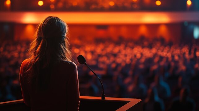 Female Speaker Presenting at Conference in Front of Large Audience in Auditorium
