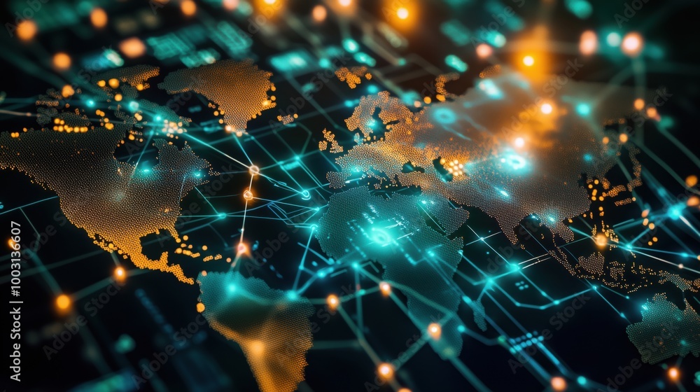 Poster digital world map with glowing connections and data points