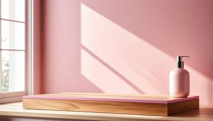 Fototapeta premium Wooden Countertop with Pink Podium Against Bathroom Background
