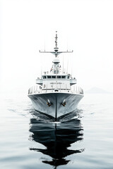 Naklejka premium A modern naval warship cruising through calm waters on a foggy day, reflecting smoothly on the water's surface.