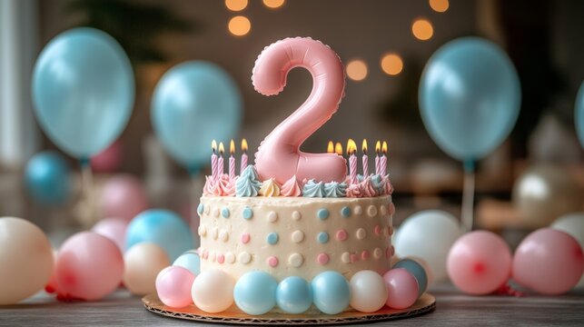 number 2 candle on a second year birthday cake celebration with balloons and party decoration as banner