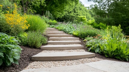 Serene Garden Pathway Amidst Lush Greenery and Flowers