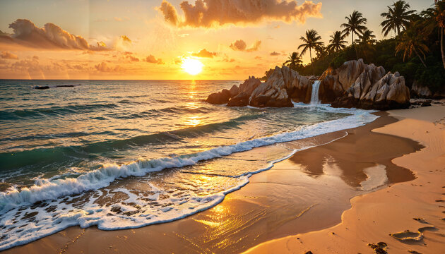 Coucher de soleil tropical sur une plage immacul&eacute;e