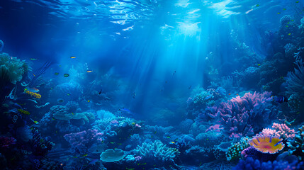 Sea underwater panorama with a coral reef background