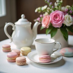 Fototapeta premium Pastel-coloured macarons teapot and blooming floral arrangements in a serene watercolor tea scene
