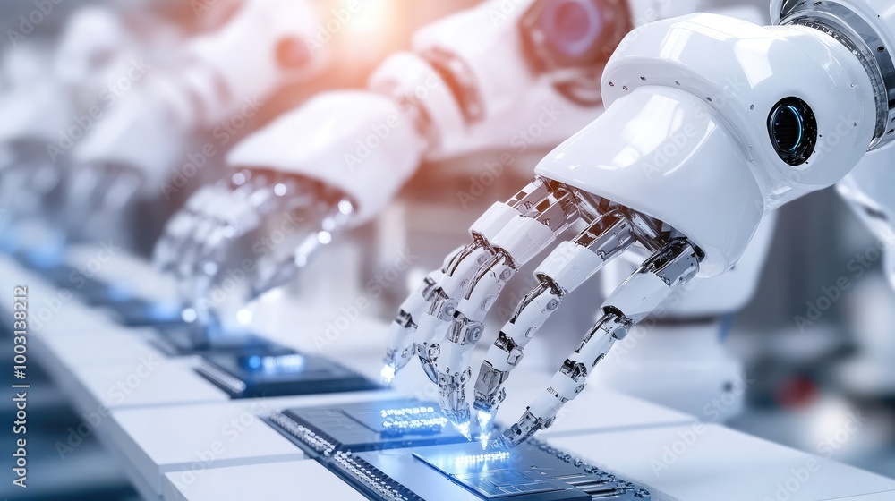 Poster robotic hands operating high-tech circuit boards