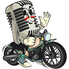 vintage microphone cartoon character mascot retro vector design riding a big motorcycle, work of hand drawn