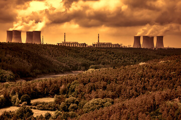 Nuclear power plant Dukovany in Czech Republic Europe. Sunset sky,