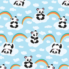 Pattern with bear cubs on the clouds.Vector  pattern with pandas on the clouds on a colored background.