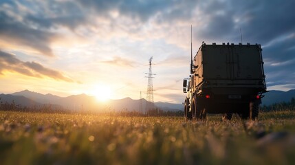 Fototapeta premium Military Vehicle Against Sunset in Mountain Landscape