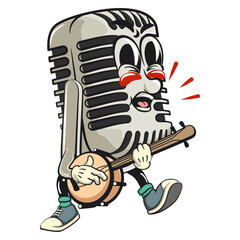 vintage microphone cartoon character mascot retro vector design playing the banjo musical instrument, work of hand drawn