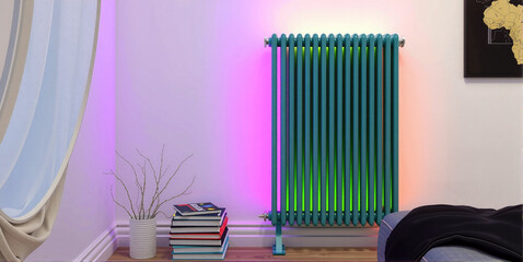 conceptual representation of a radiator that radiates heat and heats the living space, central heating and costs for energy supply