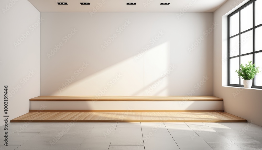 Poster empty studio with podium and window light overlays for product presentation