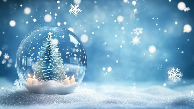 An empty glass transparent ball with Christmas tree inside on it on a blue background.